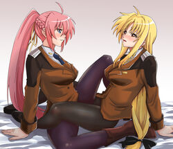 2girls bed black_legwear blonde_hair blue_eyes blush boots braid breasts fate_testarossa female female_only forestss hair_ornament hair_ribbon large_breasts looking_at_another lyrical_nanoha mahou_shoujo_lyrical_nanoha_strikers military military_uniform multiple_girls necktie open_mouth pantyhose ponytail purple_hair red_eyes ribbon signum simple_background smile tribadism tsab_ground_military_uniform uniform white_background yuri