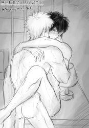 2boys anal anal_sex arms_around_neck blush completely_nude embrace french_kiss gay gintama gintoki_sakata hayama_105 hijikata_toshiro kissing male male_only monochrome muscular muscular_male no_visible_genitalia nude stand_and_carry_position sweat yaoi