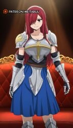 ai_generated armor armored_boots armored_dress blue_skirt boobplate boots breastplate breasts brown_eyes cleavage closed_mouth collarbone couch erza_scarlet fairy_tail feet_out_of_frame female gauntlets greaves hair_over_one_eye large_breasts long_hair looking_at_viewer meitabuu pauldrons purple_eyes red_hair shoulder_armor skirt smile solo spotlight standing