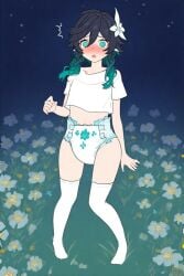 1boy ai_generated black_hair blush crop_top diaper diaper_fetish embarrassed exhibitionism femboy field genshin_impact gradient_hair green_eyes green_hair male night outdoors panicking solo surprised thigh_highs venti_(genshin_impact) wide_hips