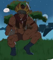 1boy bandages barely_clothed blue_socks bush cowboy_hat flowers genshin_impact gray_hair green_hair grey_hair kneeling kneeling_oral_position koshuwoshu male male_only moonlight mutota_(genshin_impact) night outdoor_sex outdoors outside_sex post_nut_clarity post_orgasm post_sex red_scarf scarf shaking solo sweating tassel tree vest