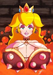 1girls breasts bust cleavage clothing female female_only half-closed_eyes huge_breasts long_hair looking_at_viewer mario_(series) nintendo princess_peach revealing_clothes solo teer teerstrash