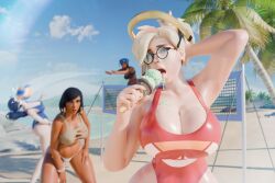 3d 3d_(artwork) 4girls abs ana_amari beach bikini black_hair blizzard_entertainment blonde_hair bottom_heavy bracelet bubble_butt child_bearing_hips cleavage cleavage_cutout clothed_female clothing clothing_cutout curvaceous curvaceous_female curvy_female curvy_hips dark-skinned_female dark_skin day facial_tattoo female female_only fit fit_female food food_on_body glasses highleg_leotard hourglass_figure huge_ass huge_breasts ice_cream large_ass large_breasts leotard licking light-skinned_female light_skin mercy navel overwatch pale-skinned_female pale_skin palm_tree partially_clothed pharah ponytail rhywlad shiny shiny_skin skin_tight skindentation sweat sweaty sweaty_body sweaty_breasts sweaty_legs sweaty_thighs swimsuit thick_thighs tied_hair tight_clothes tight_clothing tight_fit toned toned_body toned_female toned_stomach top_heavy video_game video_game_character video_game_franchise volleyball wet wet_body wet_skin wide_hips widowmaker