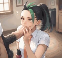 ai ai_generated anime anime_style black_hair blowjob blowjob_face breasts brown_eyes cleavage cleavage_cutout cum cum_inside detailed_shading digital_art drawing drawing_tablet explicit female framed_picture green_hair indoors indoors_sex large_breasts nsfw_sonia_va oral_sex orange_tie ponytail ponytails schoolgirl_outfit sexual_content white_shirt window windows wooden_floor