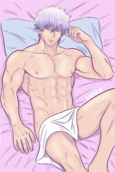 abs completely_nude convenient_censoring expressionless gintama gintoki_sakata karasu_yoru looking_at_viewer male male_only muscular muscular_male nude on_back on_bed pecs pinup solo white_hair