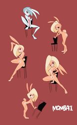 3_toes anthro black_eyes blonde_hair breasts chair eyelashes female fur ginny grey_hair hair hare lagomorph long_legs looking_at_viewer mammal monbai multiple_poses nude pose rabbit red_background red_eyes retro_artstyle retro_artstyle_(western) short_hair signature simple_background solo stylized tan_fur tiara_wineheart toes white_fur