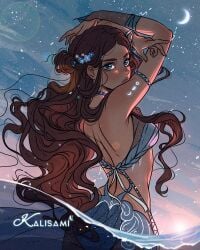 avatar_legends avatar_the_last_airbender back_view bikini dark-skinned_female kalisami katara moon outdoors solo_female swimsuit waterbending watermark