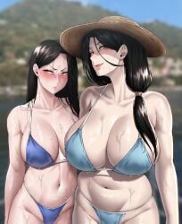 2girls absurd_res artslayer big_breasts bikini black_hair blue_bikini blue_swimwear blush breasts curvy daughter female female_only huge_breasts large_breasts long_hair mature mature_female mature_woman meme milf mole mole_on_breast mole_under_mouth mother mother_and_child mother_and_daughter mother_daughter_boob_envy_(meme) navel original original_character original_characters outside red_eyes slit_pupils swimwear voluptuous voluptuous_female