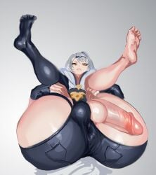 1futa clothing futa_only futanari huge_breasts huge_cock large_breasts on_back post_meridiem solo solo_futa wardrobe_malfunction