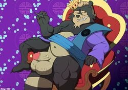 2018 5_fingers anthro artist balls barefoot bear belly biceps big_balls canine chair closed_eyes clothed clothing crown digital_pen feet fur hair hairy_balls humanoid_hands humanoid_penis hybrid jking1200 male male_only mammal musclegut muscular muscular_male navel nipples overweight overweight_male panda partially_clothed penis retracted_foreskin simple_background sitting smile solo tanuki teeth throne toes uncut vein veiny_penis