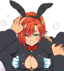 1boy adapted_costume animal_ears ass asymmetrical_bangs bangs black_footwear blush bow bowtie breast_squeeze breasts bunny_ears bunny_tail bunnysuit button_gap center_opening covered_nipples cowgirl_position eroe fake_animal_ears female gakuran genderswap_(mtf) gloves green_eyes hand_on_another's_head happy hasumi_souji_(eroe) igarashi_kyou_(eroe) large_breasts looking_at_viewer lying no_bra on_stomach orange_hair original paizuri pantyhose pov red_bow rule_63 school_uniform short_hair smile solo_focus spread_legs tail white_background white_gloves