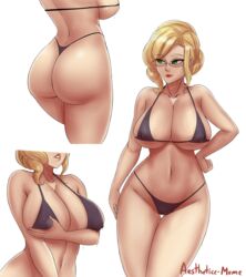 1girls absurdres aestheticc-meme ass big_breasts bikini blonde_hair breasts cleavage female female_only fondling_breast front_and_back glasses glynda_goodwitch grabbing_own_breast green_eyes highres human human_only large_breasts navel nipple_bulge rwby solo swimsuit thighs white_background