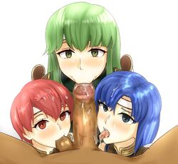 1boy 3girls blue_eyes blue_hair catria_(fire_emblem) collaborative_fellatio est_(fire_emblem) fellatio fire_emblem fire_emblem_echoes:_shadows_of_valentia fire_emblem_gaiden green_eyes green_hair headband licking licking_penis male multiple_girls oral palla_(fire_emblem) penis penis_lick red_eyes red_hair sucking_balls sucking_testicles teamwork triangle_attack