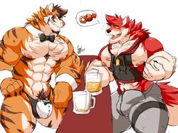 alcohol anthro beverage blush bow_tie bulge canine clothing daikitei duo feline male male_only mammal mostly_nude muscular muscular_male open_mouth pecs pubes smile standing tiger underwear wolf