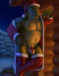 anthro balls bedroom_eyes cabin christmas clothing crocodile crocodilian flaccid foreskin grin half-closed_eyes holidays humanoid_penis legwear looking_at_viewer male male_only mostly_nude musclegut muscular naughty_face noodlewd outside penis presenting presenting_penis reptile scalie seductive smile solo standing stockings uncut