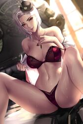 2d absurdres ashe_(overwatch) big_breasts blizzard_entertainment bob_(overwatch) bowler_hat bra breasts censored cianyo cleavage female female_only highres lingerie living_machine looking_at_viewer mole_above_mouth omnic overwatch panties red_eyes red_lingerie robot solo spread_legs sweat thong white_hair