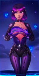 2d elf female flashing marikbentusi paladins pointy_ears purple_eyes purple_hair short_hair skye_(paladins) smile twilight_skye undressing