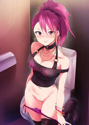 1girls bathroom black_legwear choker cleavage earrings female_only gold_jewelry hair_up hairless_pussy idolmaster idolmaster_million_live! jewelry kaiga large_breasts leopard_print light-skinned_female long_hair looking_at_viewer magenta_hair maihama_ayumu necklace panties panties_down panty_pull pink_hair ponytail purple_eyes pussy shaved_pussy solo strap_slip tank_top thigh_boots thighhighs tied_hair toilet undressing white_skin