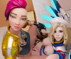 3d alternate_costume beret blonde_hair blue_eyes breasts combat_medic_ziegler duo female female_only fortnite looking_at_viewer mechanical_wings mercy nipples no_bra no_panties no_pants overwatch pulled_up_shirt pussy shade_(fortnite) shirt_lift shirt_up tagme yuri