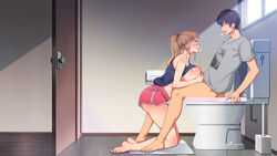 ane_wa_yanmama_junyuuchuu_in_jikka ass barefoot bathroom blonde_hair blush bottomless breast_squeeze breasts brown_eyes censored clothing door engawa_suguru feet female from_side full_body highres indoors kneeling large_breasts legs long_hair long_ponytail looking_at_another mosaic_censoring no_eyes original outercourse paizuri penis ponytail sano_aika shirt_lift short_shorts shorts sitting smile thighs toes toilet