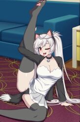 bell_collar cat_ears cat_girl choker crush_crush licking licking_self light-skinned_female official_art paw_socks quill_(crush_crush) red_eyes sad_panda_studios stretching upskirt white_hair white_panties yoga_pose