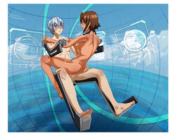 amy_(suisei_no_gargantia) ass ass_grab back bare_back barefoot blue_eyes blush braid breasts brown_hair closed_mouth cockpit couple cum dark_skin expressionless eye_contact eyebrows_visible_through_hair full_body hair_between_eyes hair_ornament hands_on_another's_shoulders happy happy_sex highres indoors interracial ledo_(suisei_no_gargantia) looking_at_another medium_breasts moaning neck nude open_mouth penis purple_eyes ryuyujin sex short_hair sideboob silver_hair sitting sitting_on_person smile straddle straddling straight suisei_no_gargantia toes twin_braids uncensored upright_straddle vaginal_penetration