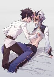 2boys abs arsh blue_eyes brown_hair fate/grand_order fate_(series) fujimaru_ritsuka_(male) gao_changgong_(fate) gay male_only muscles nipple_pinch nipple_play nipples on_bed prince_of_lan_ling_(fate) twink white_hair yaoi