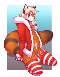 2018 anthro biped blonde_hair bow braided_hair clothing erection fur gift_wrapped girly hair heart kneeling legwear lockworkorange long_hair looking_at_viewer male mammal orange_fur penis penis_bow penis_ribbon purple_eyes red_panda ribbons simple_background smile solo_male stripes thigh_highs