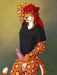 anthro balls bottomless clothed clothing erection feline hair kaylii leopard long_hair looking_at_viewer mahiri male male_only mammal penis precum solo