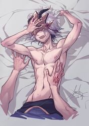 2boys abs arsh cute_male fate/grand_order fate_(series) male_only muscles nipples on_bed sweat white_hair yaoi