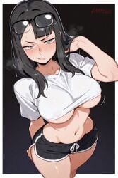 ai ai_art ai_generated angry artist_request blush boobs clothed crop_top eizouken_ni_wa_te_wo_dasu_na! female female_only glasses gray_eyes gray_hair kanamori_sayaka non-nude sfw short_shirt steam sweat thick_thighs under_boob
