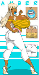 1girls aeolus06 amber_(carmessi) ass back_view background background_pattern beauty_mark belt big_ass big_breasts bimbo blonde_hair blue_background blue_eyeshadow blue_nail_polish blue_nails breasts brown_skin bubble_ass bubble_butt bust busty carmessi cleavage clothed clothing curvaceous curvy dark-skinned_female dark_skin eyelashes eyeshadow female female_focus female_only hazel_eyes heels high_heels hoop_earrings huge_ass huge_breasts hyper_breasts large_ass large_breasts lips lipstick long_hair looking_at_viewer makeup milf mole mole_under_eye nail_polish nails nipples pink_belt platinum_blonde_hair signature teeth voluptuous watermark wedge_heels white_background yoga_pants