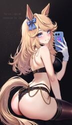 1girl agurami ass_focus back black_bra black_panties black_thighhighs blonde_hair blue_bow blue_eyes blush closed_mouth from_behind gold_chain gold_city_(umamusume) holding_phone horse_ears horse_girl horse_tail huge_ass large_breasts long_hair looking_at_viewer median_furrow sitting smile solo thick_thighs umamusume umamusume_pretty_derby underwear_only white_gloves