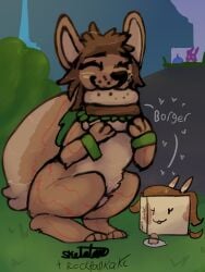 2026 3:4 anthro artist_collaboration boxification brown_body burger canid canine collaborative digital_media_(artwork) eating english_text female feral food furry heart_symbol hi_res male mammal mermaid_jupiter nara_(minty_flur) on_hind_legs outside rockpankake text