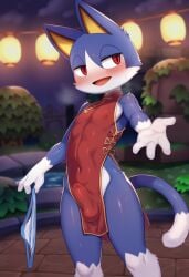 ai_generated animal_crossing bedroom bulge bulge_through_clothing dress erection femboy furry furry_male furry_only holding_object nintendo outdoors rover_(animal_crossing) seductive shy underwear video_games