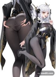 1girl 1girls absurdres areola_slip ass back black_kimono black_pantyhose blanc_(nikke) blanc_(white_rabbit)_(nikke) blush bodystocking breasts bridal_gauntlets cleavage commentary double_bun female female_only goddess_of_victory:_nikke grey_pantyhose hair_bun hair_ornament hair_ribbon high_heels highres japanese_clothes kimono large_breasts long_hair long_sleeves multiple_views no_panties obi open_mouth pantyhose pelvic_curtain pussy ribbon sash see-through_cleavage see-through_clothes short_kimono