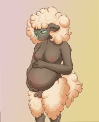anthro areola balls belly belly_blush blush body_blush bovid breasts caprine casual_nudity ear_piercing ear_stud eyewear foreskin fur genitals glasses green_eyes green_eyewear green_glasses grey_body grey_fur gynomorph hand_on_belly hand_on_own_belly hi_res humanoid_genitalia humanoid_hands humanoid_penis intersex looking_down looking_down_at_belly looking_down_at_self mammal navel nipples nude_gynomorph outie_navel penis piercing pink_areola pink_nipples pregnant pregnant_anthro pregnant_gynomorph pregnant_intersex rayelle_(seenty) round_glasses seenty sheep simple_background small_penis smile solo standing trans_(lore) trans_woman_(lore) wearing_glasses white_body white_fur yellow_background