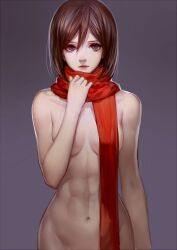 1girl 2013 2d 2d_(artwork) anime anime_character anime_girl ask_(askzy) attack_on_titan belly black_hair bob_cut bottomless breasts covered_nipples curvy curvy_body curvy_female curvy_figure female female_focus female_only feminine feminine_body grey_background grey_eyes hips mikasa_ackerman naked naked_female navel no_bra no_panties no_sex nude nude_female old_art scarf shingeki_no_kyojin short_hair six_pack slim slim_waist small_breasts small_waist solo solo_female solo_focus thick topless wide_hips