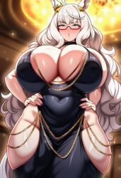 ai_generated big_boobs big_breasts big_thighs biwa_hayahide_(umamusume) black_dress curvy glasses modakawa_dress umamusume voluptuous_female white_hair