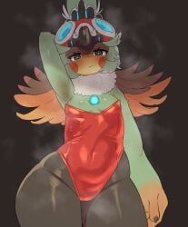 1girls anthro armpits arms_up bunnysuit feathers female finch_(xenoblade) green_feathers green_fur gyogyogyoen leotard nintendo presenting_armpit small_breasts sweat sweaty sweaty_armpits xenoblade_(series) xenoblade_chronicles_2