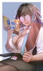 1girl 1girls absurdres black_hair black_skirt blue_streaks blush breasts cleavage coke-bottle_glasses commentary dark-skinned_female dark_skin dreadpunk english_commentary female glasses hair_between_eyes highres indie_virtual_youtuber large_breasts long_hair mega_man_(character) multicolored_hair neon_harper office_lady open_mouth pantyhose partially_unbuttoned pink_streaks reading shirt sitting skirt solo streaked_hair tits virtual_youtuber vtuber white_shirt