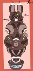 abbi_(sentimentaldraws) anthro ball_gag big_breasts bound breasts brown_body candy cherry chocolate cream_(food) dessert encasement female food food_transformation fruit gag gagged hi_res hyper immobilization lagomorph leporid mammal nipple_plugs null_bulge plant plug_(sex_toy) plug_insertion rabbit sentimentaldraws sex_toy solo sprinkles transformation