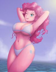 1girls ;d armpits beach belly big_breasts bikini blue_eyes blush cutie_mark equestria_girls female female_only hasbro huge_breasts humanized looking_at_viewer my_little_pony navel one_eye_closed pink_hair pink_skin pinkie_pie_(eg) pinkie_pie_(mlp) saf-404 safartwoks safartworks straight_hair tattoo tongue_out wide_hips