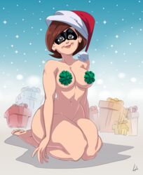 1girls big_breasts christmas cleavage curvy disney elastigirl female female_only helen_parr liefeldianabomination milf perky_breasts pixar presents ribbons santa_hat short_hair smile smiling smooth_skin solo the_incredibles thick_lips voluptuous wide_hips