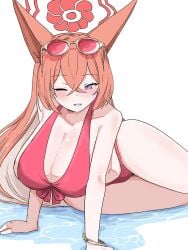 1girls animal_ear_fluff animal_ears arm_support bikini blue_archive breasts cleavage colored_inner_hair crossed_bangs eyewear_on_head female front-tie_bikini_top front-tie_top hair_between_eyes halo highleg highleg_bikini huge_breasts in_water large_ears leaning_forward long_hair lying multicolored_hair on_side one_eye_closed orange_hair purple_eyes red-tinted_eyewear red_bikini rumi_(blue_archive) rumi_(swimsuit)_(blue_archive) smile solo sunglasses_on_head swimsuit tachikaze_miyako tinted_eyewear white_background white_hair wink