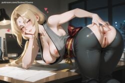 1girl ai_generated ass bangs bare_shoulders bent_over blonde_hair blush breasts facial_mark forehead_mark heart hi_res high_quality high_resolution japanese_clothes large_breasts looking_at_viewer naruto_(series) nipples no_panties patreon patreon_username pussy seductive sexy smile solo tsunade uncensored watermark
