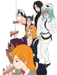 6+girls 7girls :>= ass black_hair bleach blonde_hair blowjob breasts censored cleavage dark-skinned_female dark_skin fellatio folded_ponytail glasses glory_hole green_hair hair_up handjob high_ponytail highres inoue_orihime interracial ise_nanao iwao178 japanese_clothes kukaku_shiba large_breasts legs long_hair long_ponytail matsumoto_rangiku mosaic_censoring multiple_girls multiple_penises nelliel_tu_odelschwanck one_eye_closed open_mouth oral orange_hair parted_lips penis ponytail purple_hair school_uniform shihouin_yoruichi simple_background sitting skull smile source_request standing thighs unohana_retsu