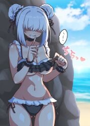 1girls against_rock beach big_breasts bikini bikini_top_lift black_bikini blush breasts busty character_request cleavage clothes_lift double_bun faceless faceless_female female female_only finger_to_mouth grin hair_bun hair_over_eyes heart highres index_finger_raised japanese_text large_breasts legs naughty_face navel ocean shushing smile solo sweat swimsuit tease teasing thighs translated underboob voluptuous water white_hair