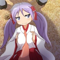 blue_eyes blush bow breasts clothing female hakama japanese_clothes kagami_hiiragi large_breasts lucky_star miko paizuri purple_hair twintails uwa~a zoophilia