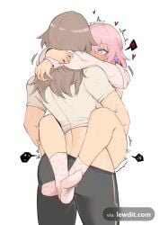 2girls absurdres arms_around_neck ass black_pants blue_eyes blush carrying carrying_person clothes_pull commentary english_commentary futa_with_female futanari grey_hair heart heart-shaped_pupils highres honkai:_star_rail honkai_(series) hood hood_down hug implied_futanari implied_sex leg_lock lifting_person long_hair long_sleeves march_7th_(honkai:_star_rail) multiple_girls pants pants_pull pink_hair pink_socks sex shirt short_sleeves stelle_(honkai:_star_rail) trailblazer_(honkai:_star_rail)